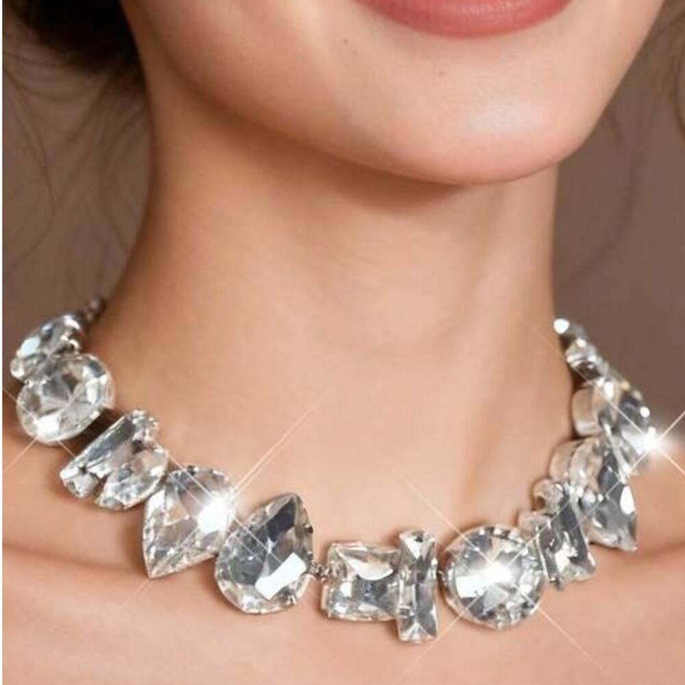 Silver Tone Oversized Clear Crystal Mixed Cut Statement Collar Necklace